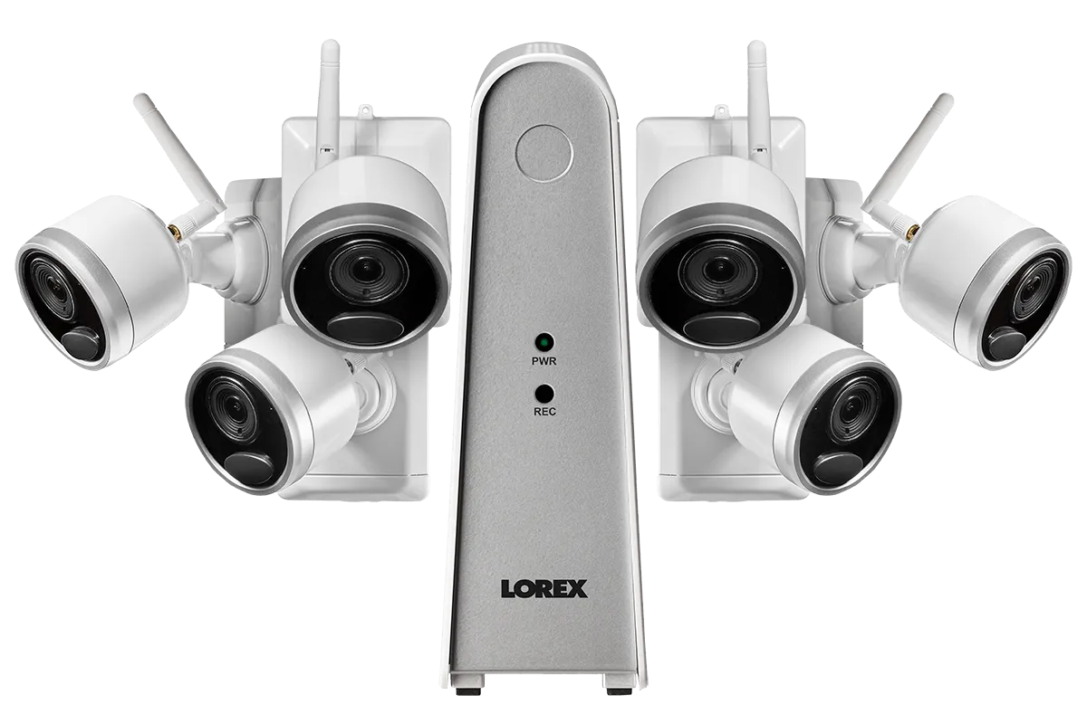 1080p Wire Free Camera System with Six Battery-Powered White Cameras, 65ft Night Vision, Two-Way Audio