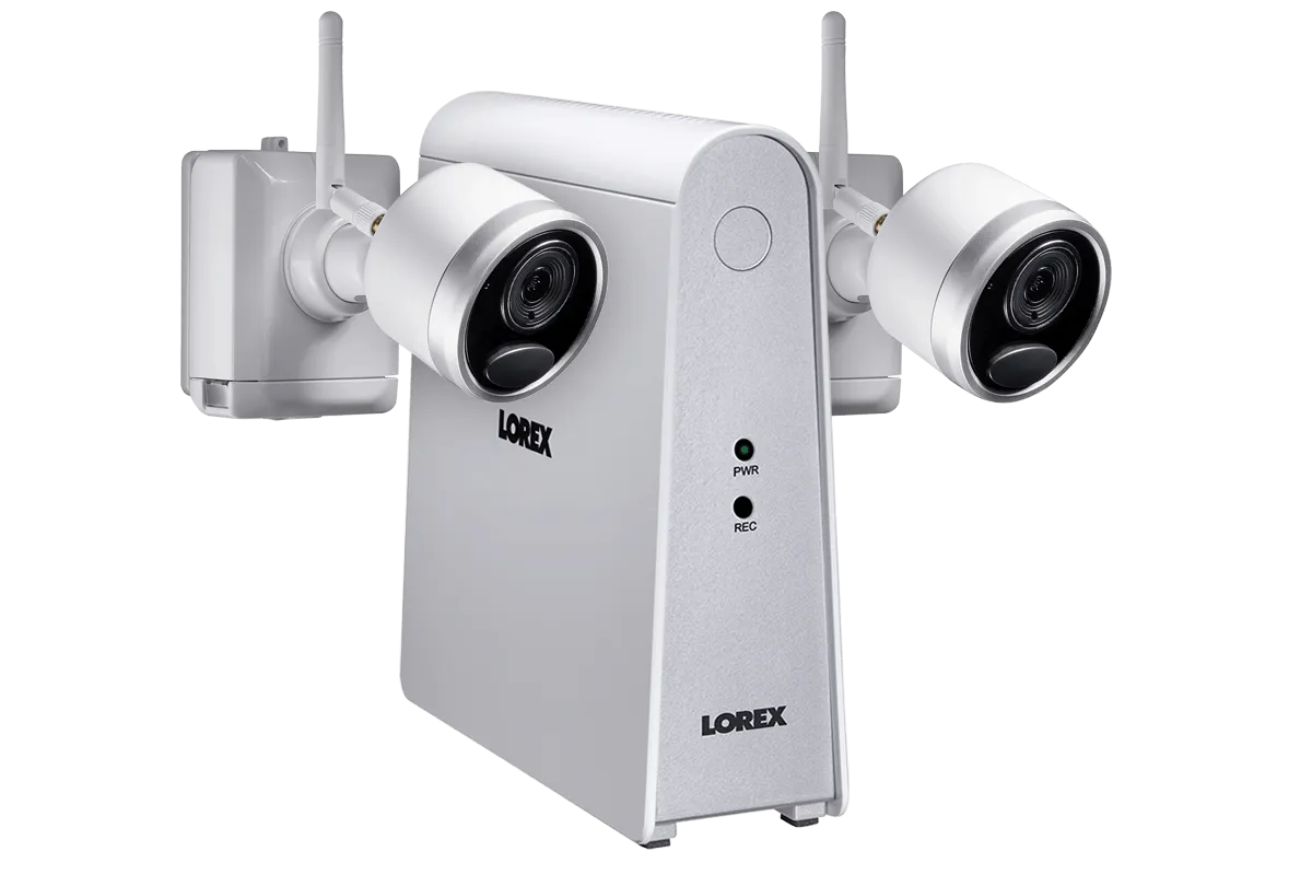 1080p Wire Free Camera System with Two Battery-Powered White Cameras, 65ft Night Vision, Two-Way Audio