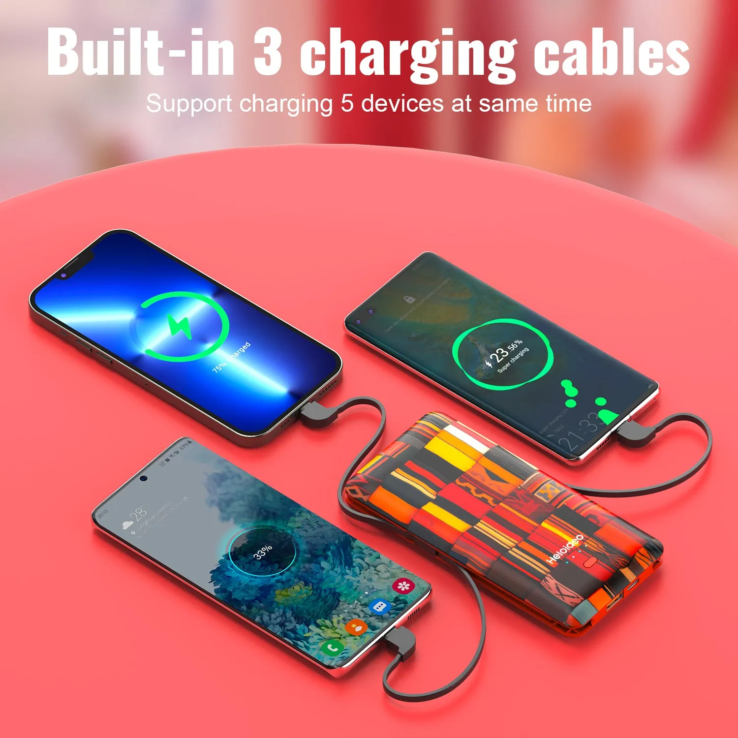 20W AC outlet Power Bank with 3 charging cable PD quick charger  Heloideo PB180C04