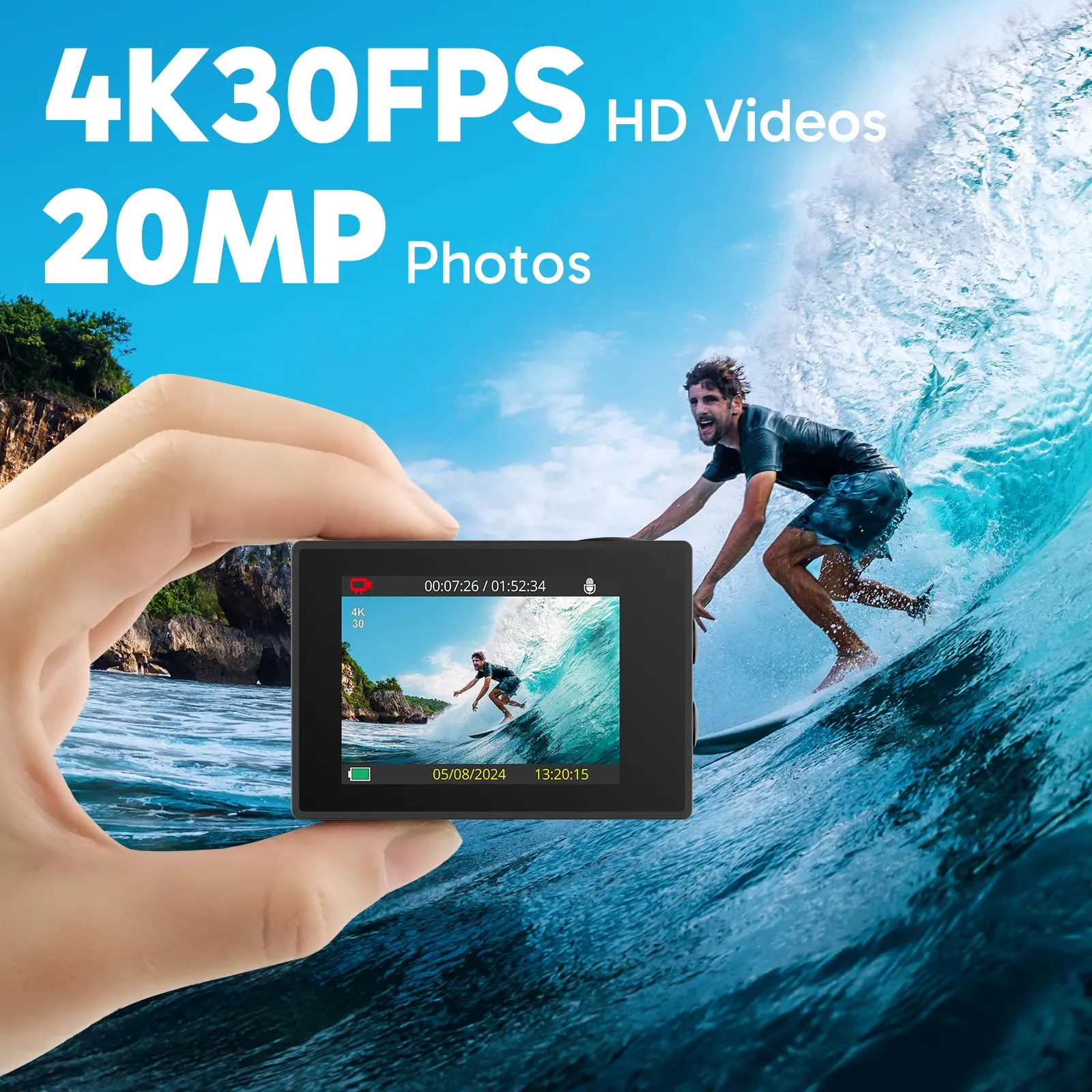 AKASO EK7000 4K30FPS 20MP WiFi Action Camera with EIS Ultra HD Underwater Camera 131FT Waterproof Camera Remote Control 4X Zoom in Photo Mode Support External Microphone Black