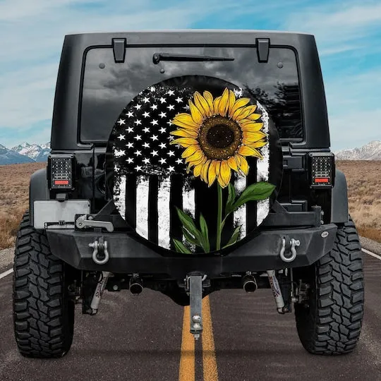 American Flag Sunflower Camping Truck Tire Cover - Christian Tire Cover