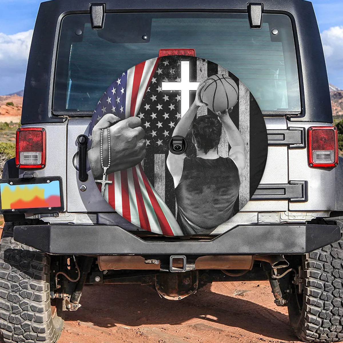 Basketball Player American Flag Jesus Christ Bible Spare Tire Cover - Christian Tire Cover