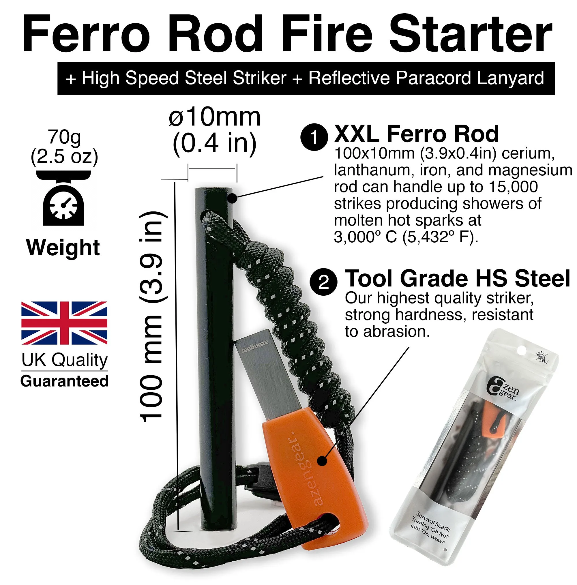 Camping Flint and Steel Fire Starter, Ferro Rod, HSS Striker