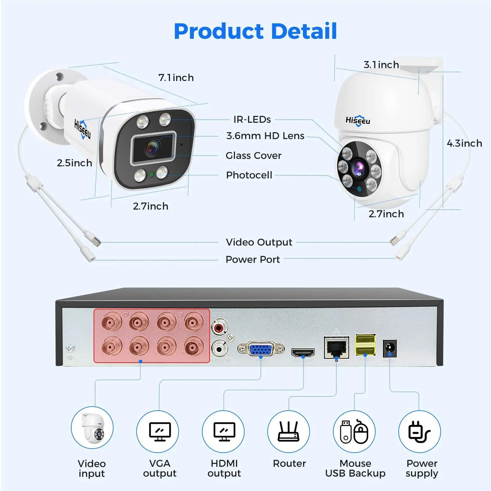 Hiseeu 3K PTZ Wired Security Camera System with AI Human/Vehicle Detection 8ch 5MP H.265  DVR 8PCS TVI Cameras 3TB HDD Home CCTV Camera System 355°Pan 90°Tilt,Outdoor&Indoor,Night Vision,24/7 Record