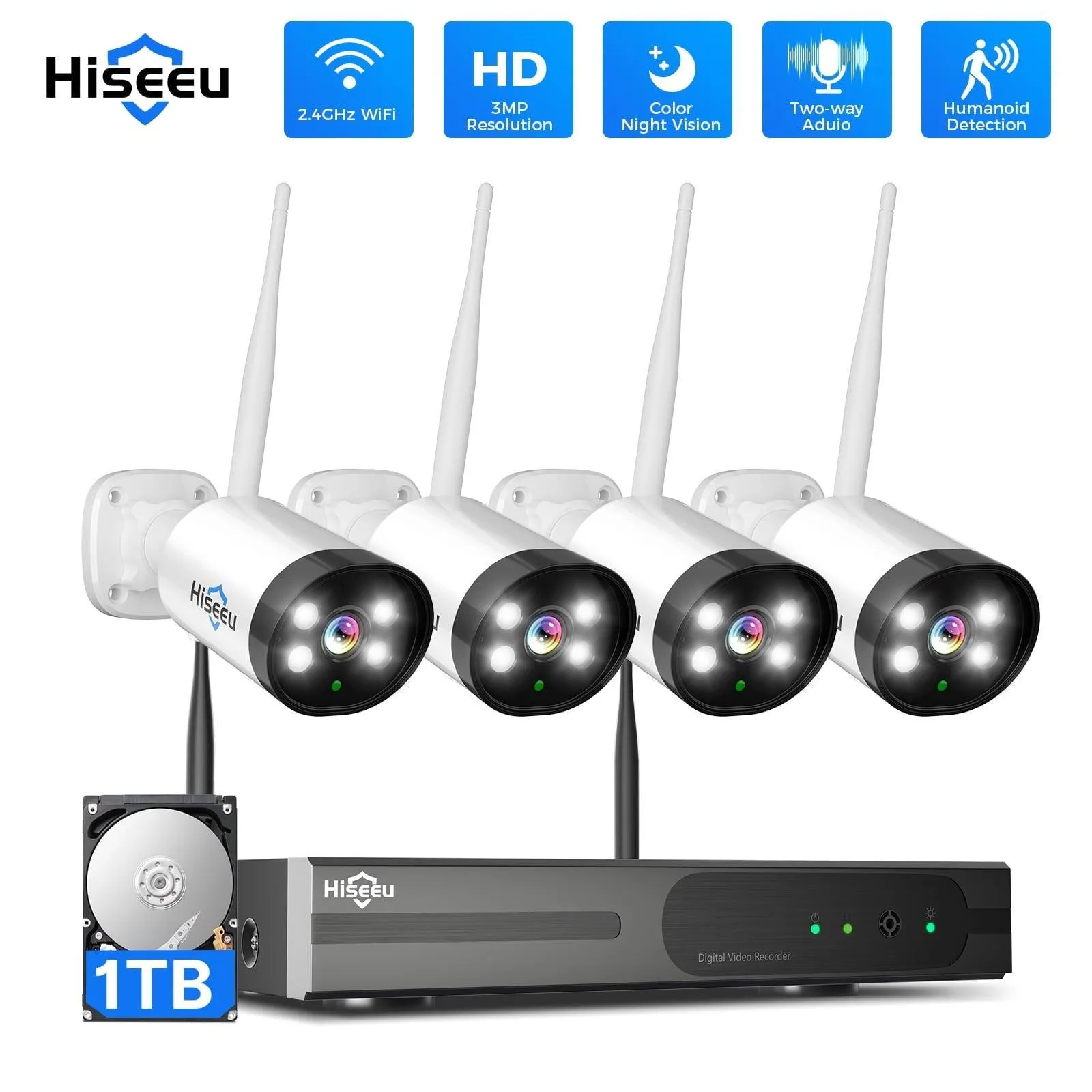 Hiseeu 3MP Wireless Security Camera System 4Pcs WiFi Security Camera WK-4HBF03