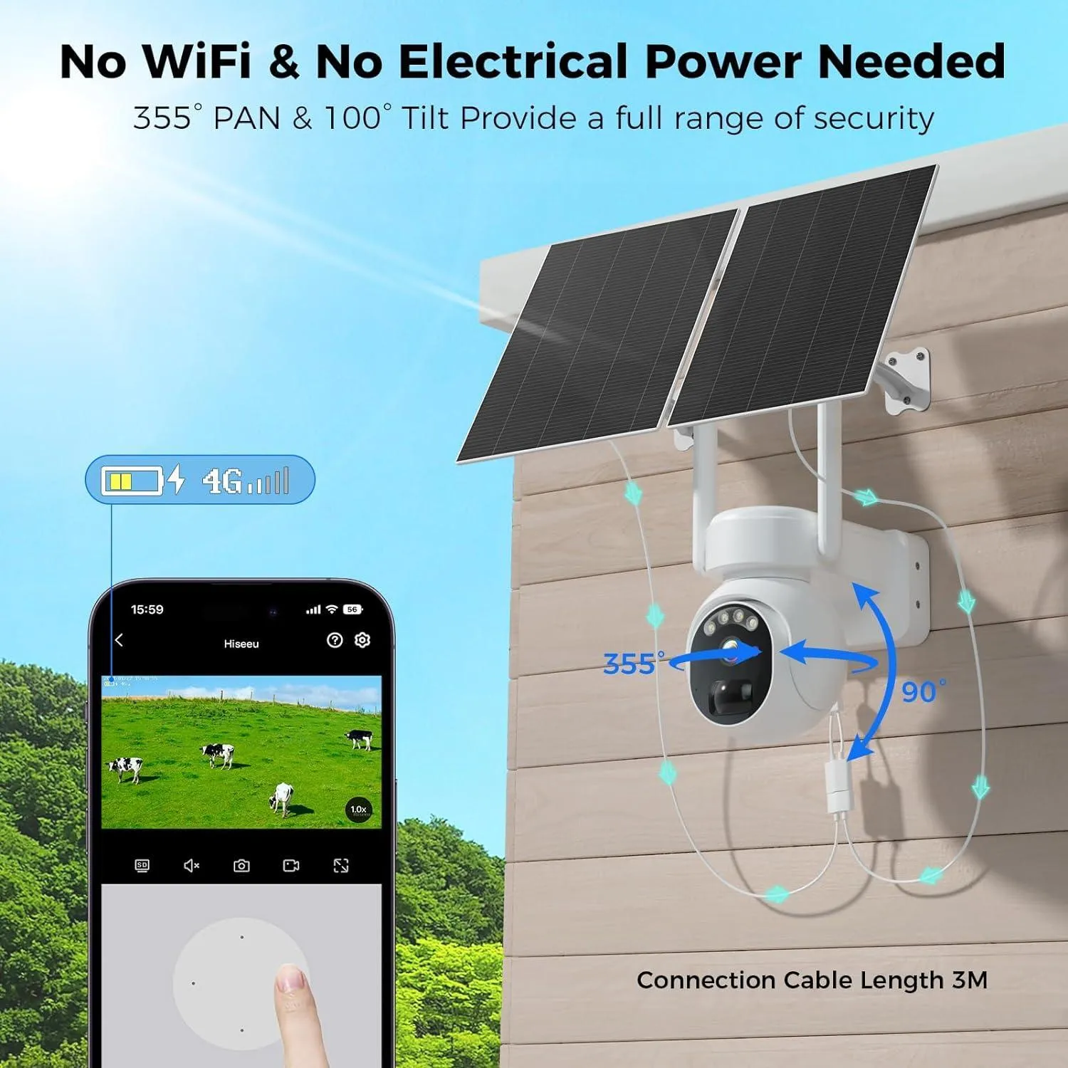 Hiseeu 4G Cellular Security Cameras Wireless Outdoor, [24/7 Recording] No WiFi Security Camera, 20W Solar Cameras 360°PTZ, 2K Night Vision, 2-Way Talk, 20000mAh Battery, 64G SD & SIM Card