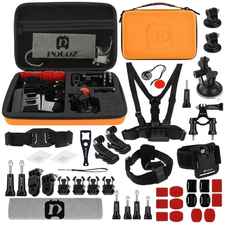 PULUZ 45 in 1 Accessories Ultimate Combo Kits with Orange EVA Case (Chest Strap   Suction Cup Mount   3-Way Pivot Arms   J-Hook Buckle   Wrist Strap   Helmet Strap   Surface Mounts   Tripod Adapter    ...  for GoPro, Insta360, DJI and Other Action Cameras