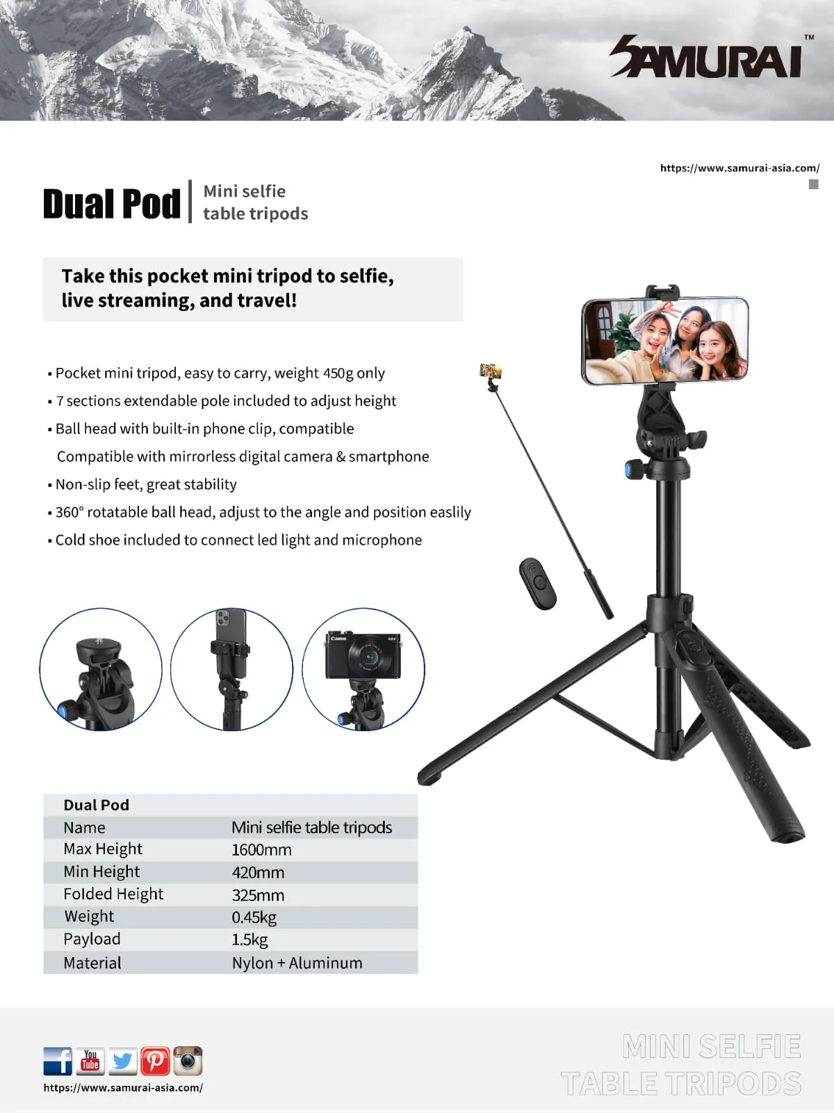 Samurai Tripod Dual Pod Mini Selfie Stand/Pocket-sized Table Tripod with Bluetooth Remote