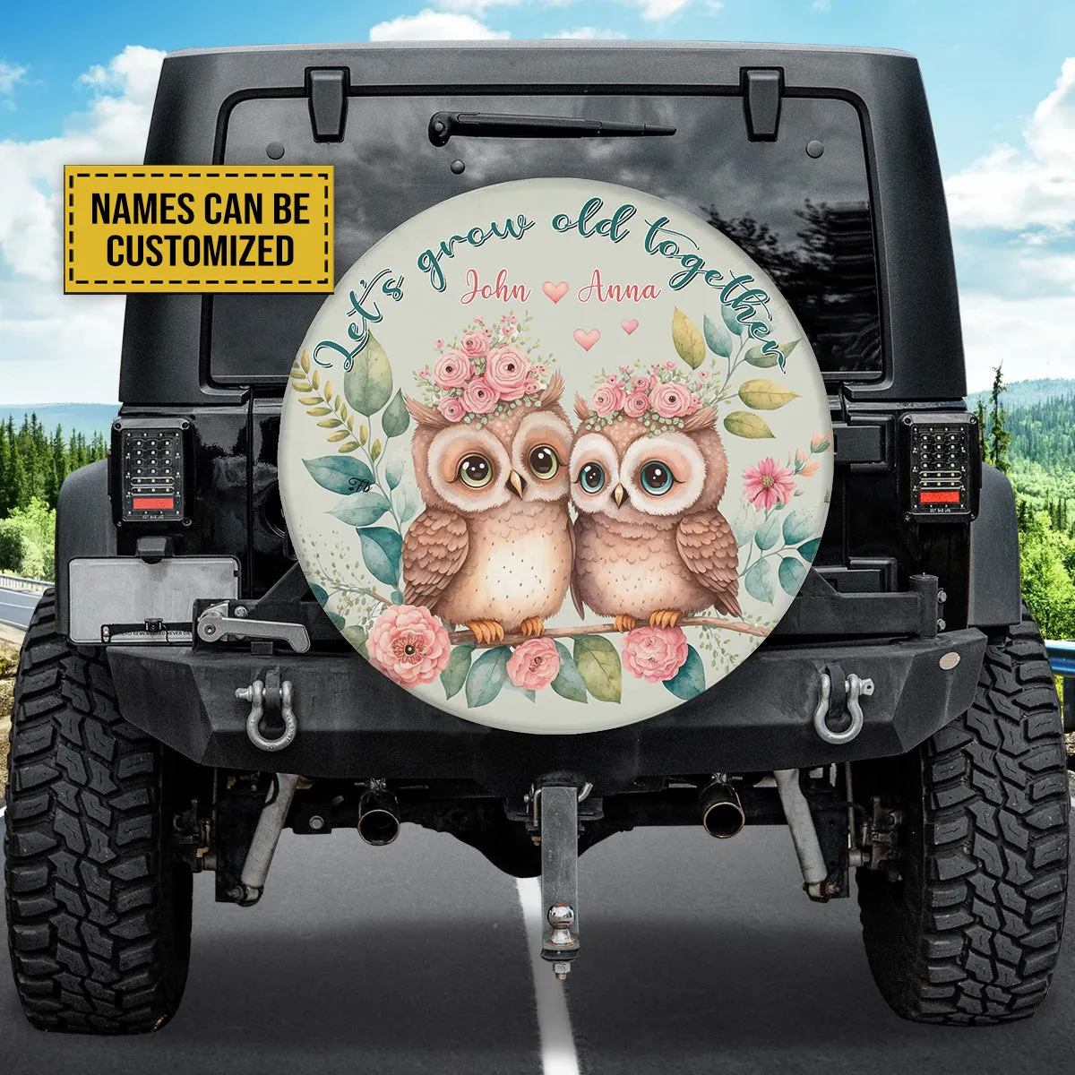 Teesdily | Owl Couple Floral Customized Spare Wheel Cover Let Grow Old Together Tire Protector Covers Couple Car Accessories Valentine Day Car Decor