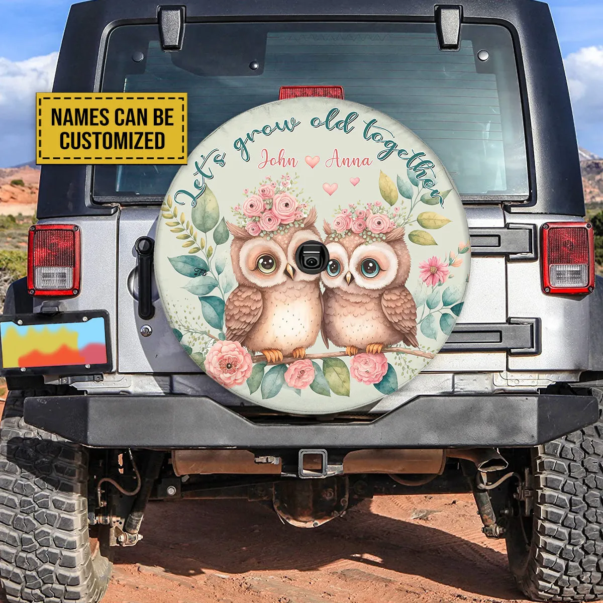 Teesdily | Owl Couple Floral Customized Spare Wheel Cover Let Grow Old Together Tire Protector Covers Couple Car Accessories Valentine Day Car Decor