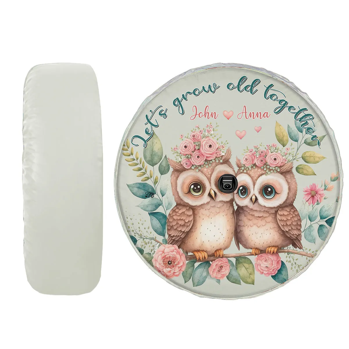 Teesdily | Owl Couple Floral Customized Spare Wheel Cover Let Grow Old Together Tire Protector Covers Couple Car Accessories Valentine Day Car Decor