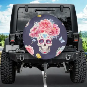 Teesdily | Sugar Skull Spare Tire Cover Flower Tire Cover Vintage Art Wheel Covers Car Accessories Day Of The Dead Car Decoration