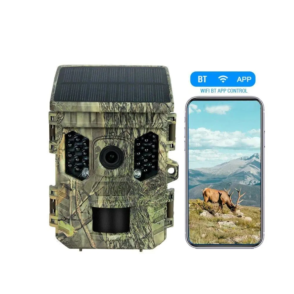 Wildlife Camera Solar Energy Trail Cam 4K with 1080P Night Vision Waterproof BT WiFi APP WiFi Enabled Hunting Cameras 16MP Game